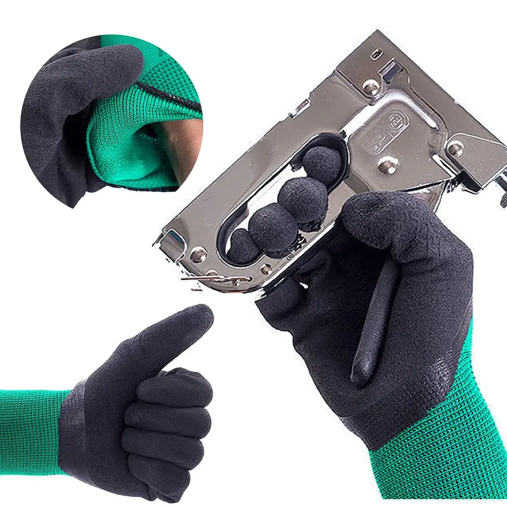 13 Gauge polyester Knitted foam latex green color coated Safety Work  fingertips reinforced Non-slip wear resistant  gloves