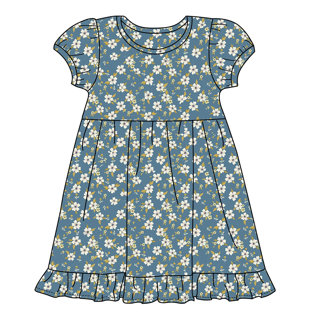 Wholesale Kids flower print 100% cotton puff sleeve little girls clothes causal dresses