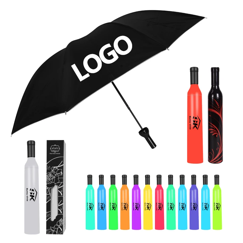 8K Wholesale 3 Fold Umbrella Price Cheap Design Solid Color Umbrella Promotional Wine Bottle Umbrella
