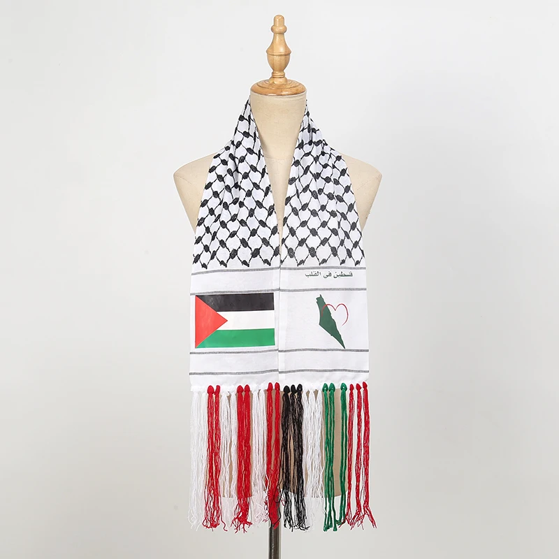 Hot Sale Tassel Palestinian Flag Printed Shawls Arab Keffiyeh Neck Scarves Silk Palestine Scarf