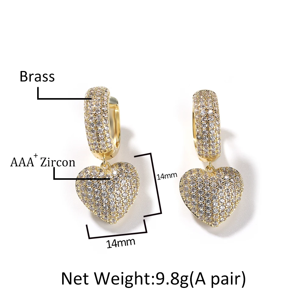 Hip Hop Heart Shape Stud Earring With Back Cover Cubic Zirconia Gold Plated High Quality Earrings Rapper Jewelry