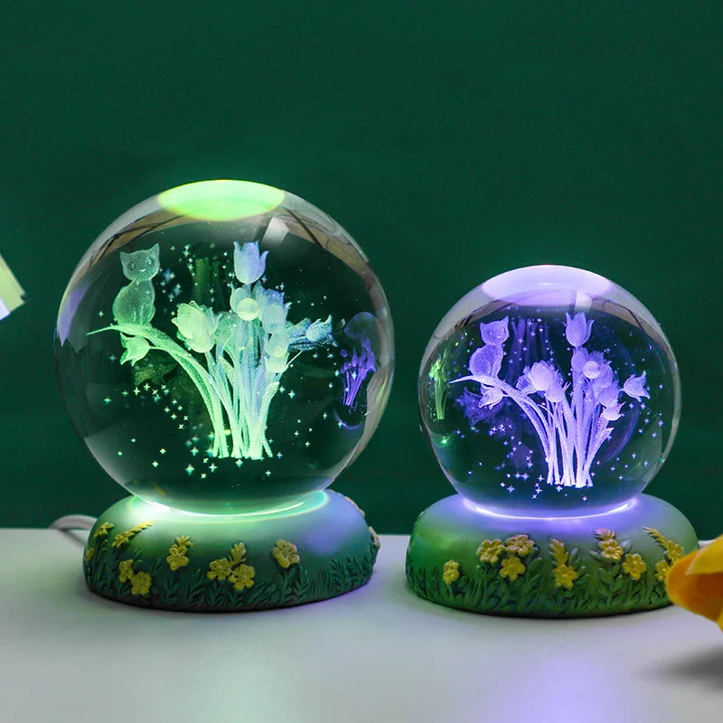 Hot RGB Changing Tulip Rose Crystal Ball Table Light Colorful Tulip USB Atmosphere Night Light Lamp