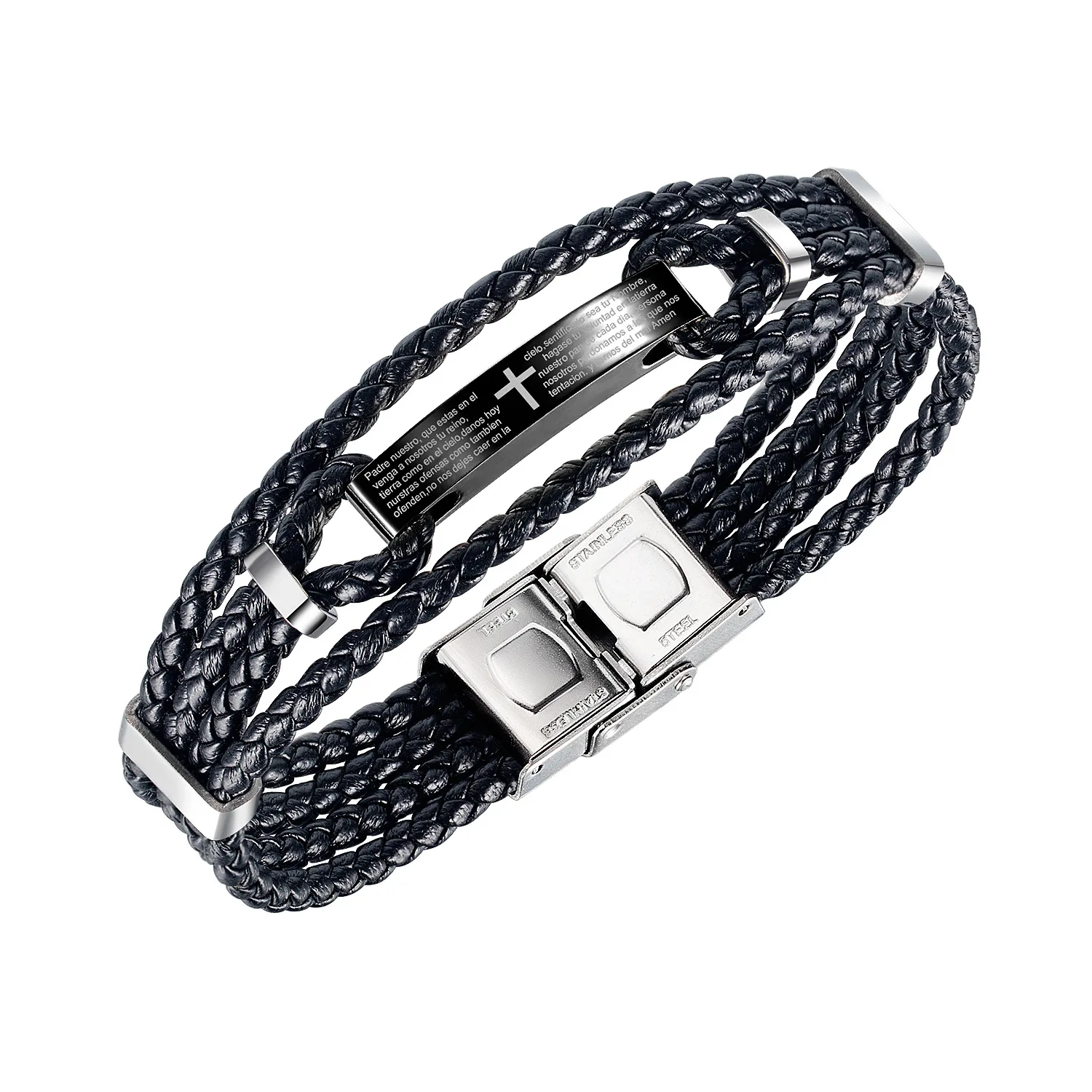 
Punk Rock Style Black Leather High Polished Stainless Clasp Male Bracelet Multi Layers Christian Cross Braided Bracelet For Men 