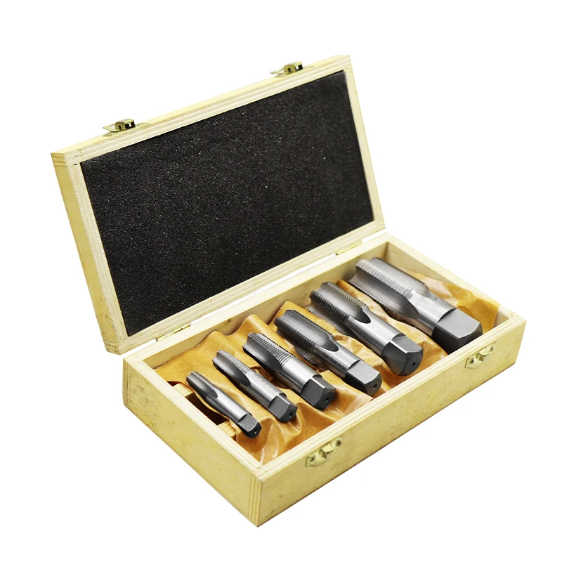 6 pcs Carbon Steel NPT Pipe Tap Set,  Wooden Case  internal pipe threading tool ANSI hand tap