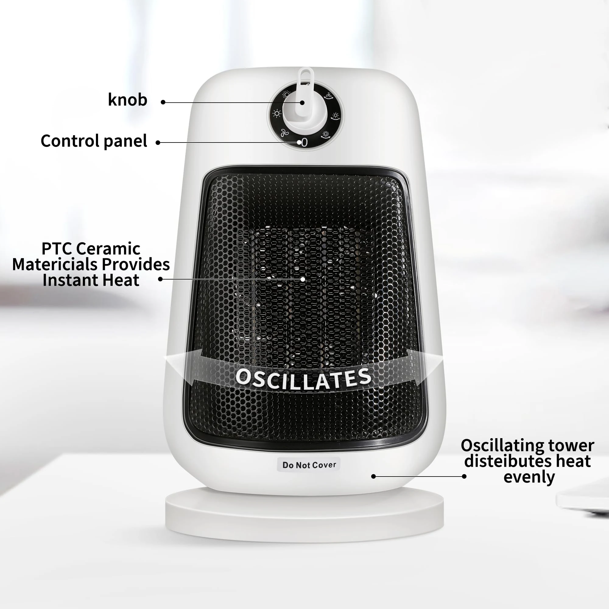 Small Portable Head Swing Timer Ceramic Space Air Hot Fast Heating Smart Home Heater With Handle Knob Control for Winter Bedroom