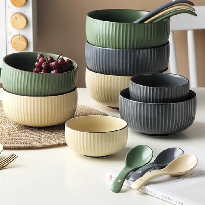 Nordic simple wind INS wind pure colorful glaze embossed strip soup bowl