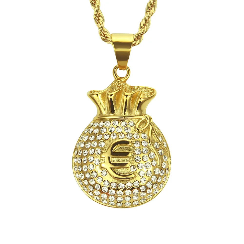 Hip Hop Style Personality Full Crystal Gold Plated Stereoscopic Euro Money Symbol Rich Bag Pendant Necklace With Rope Chain