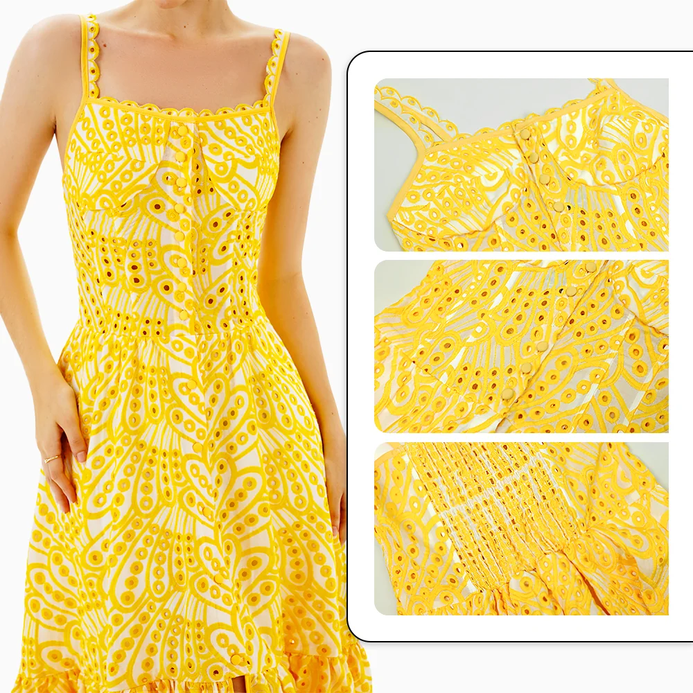 Women Summer Yellow Long Holiday Vacation Maxi Embroidered Dress For Women