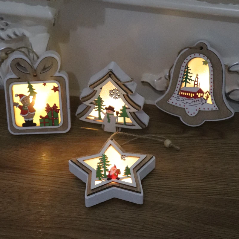 Family Christmas Ornaments Wooden Corded Lantern With Warm LED Light Star Frame Christmas Lantern