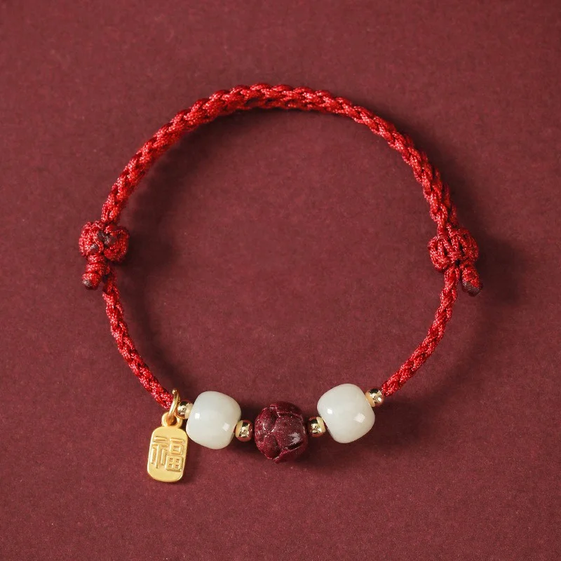 Buddha Stones Cinnabar Jade Lotus Calm Red String Weave Bracelet Lotus Beads Natural Cinnabar/ Crystal Red Rope Chain Woven