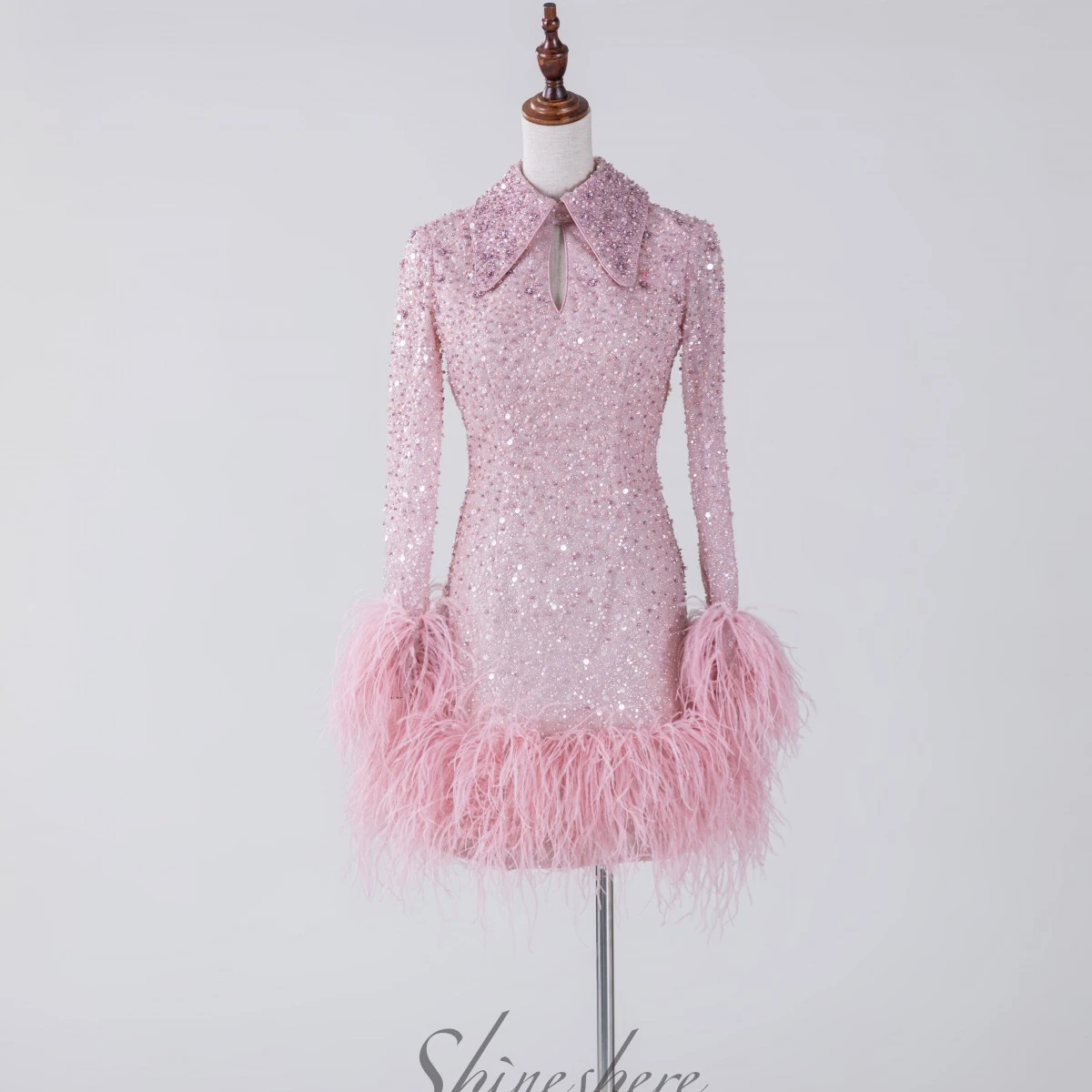 2022 Fashion Pink Short Skirt Elegant High Collar Long Sleeves Appliques Sequins Evening Gowns Sexy Openback dress