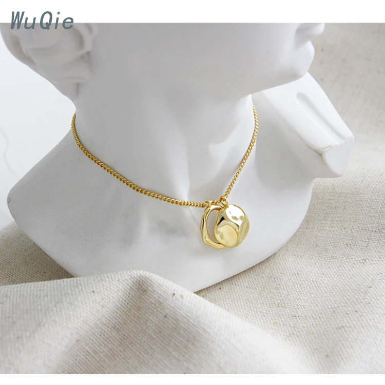 Wuqie S925 Sterling Silver Choker Gold Plated Irregular Round Chain Geometric Ring Pendant Necklace