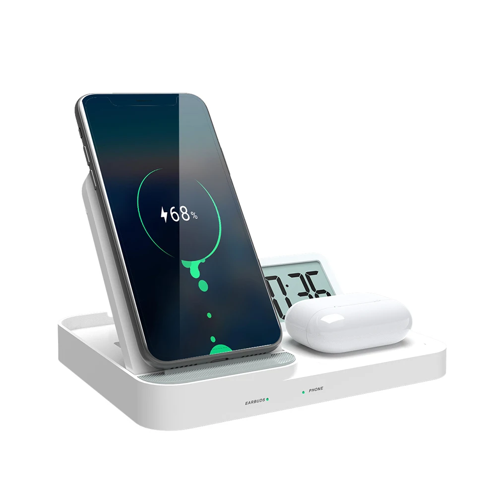 2021 New Products Hot Selling on Amazon 3 in 1 Fast Qi Wireless Charger with LED Digital Display Alarm Clock Wireless Charger