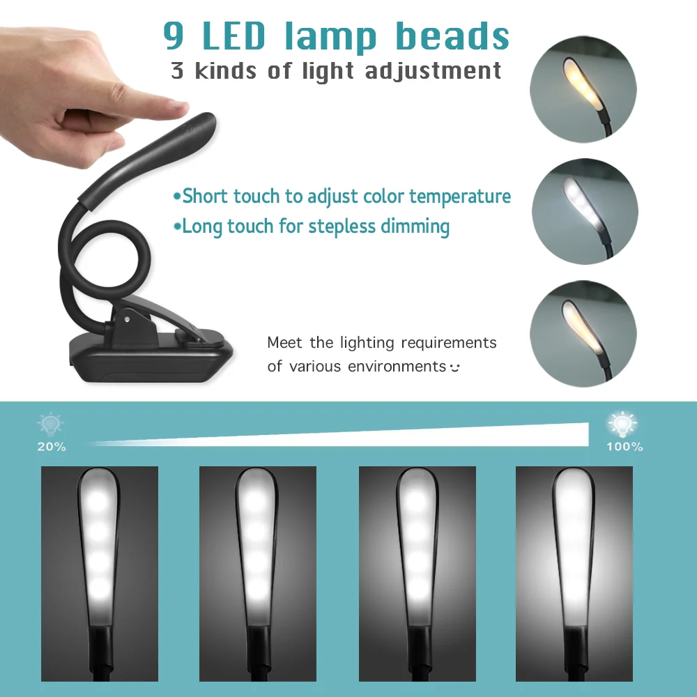 
Adjustable Flexible Arms AAA Battery Book Lamp Light LED Clip on LED Reading Light 3 Level LED Book Light For Read Book 