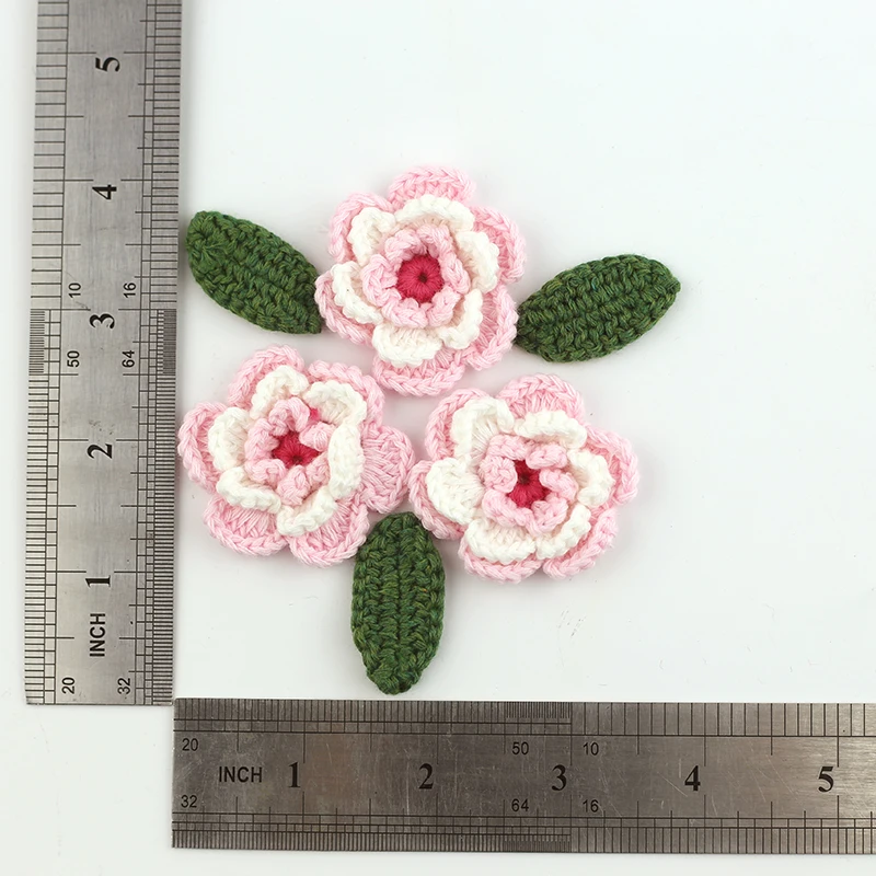 Ручная работа, вязаный крючком цветок с зелеными листьями, 3D хлопковый цветочный мотив, сделай сам, одежда, повязка для волос, сумка, аксессуары