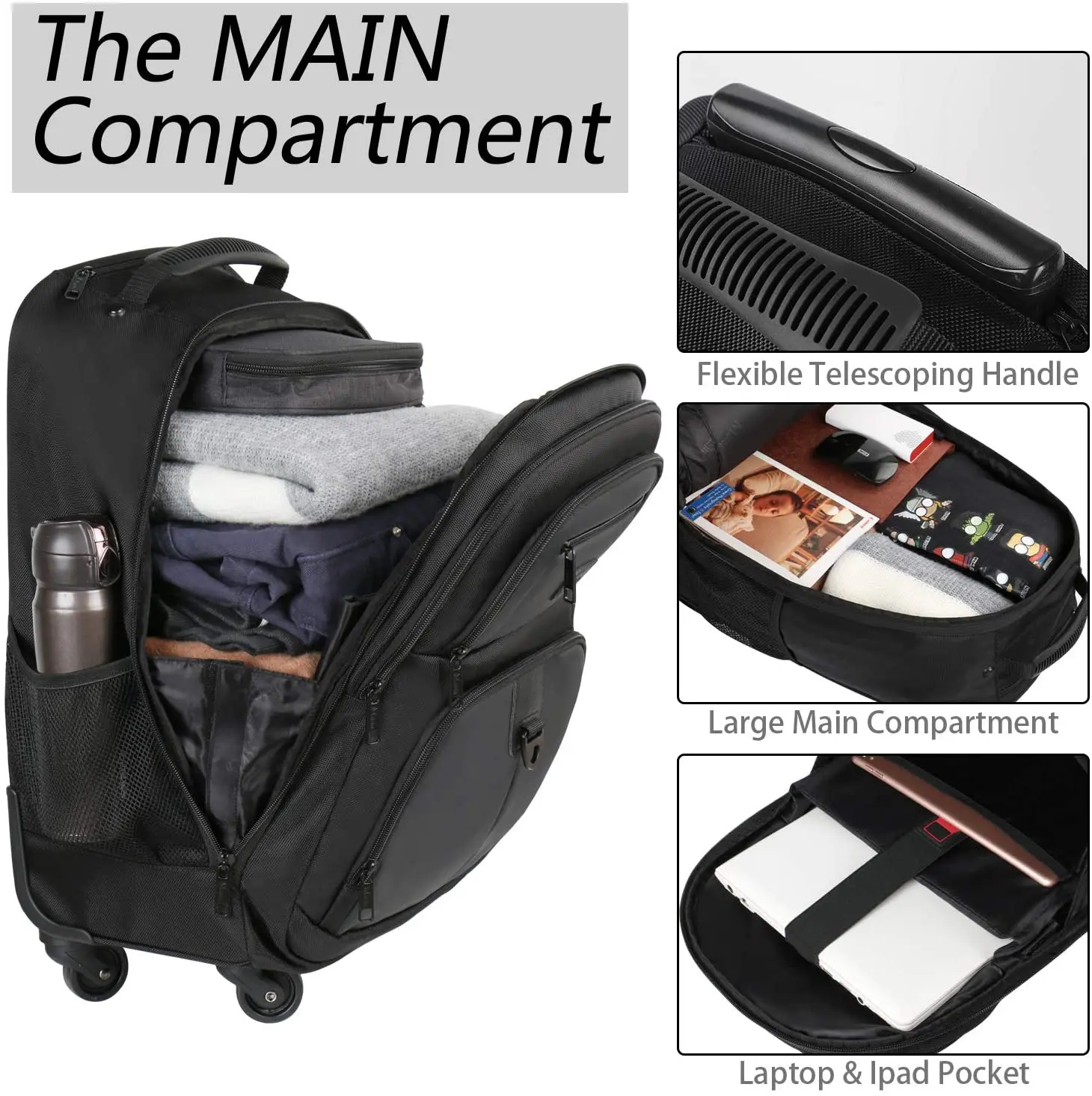 Large Rolling Wheeled Backpack Business Travel Carry on Luggage Suitcase Bag Durable Roller College School Computer Book bag