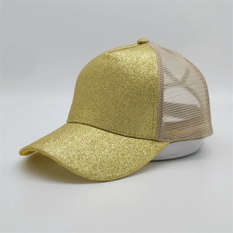 Fashion Custom Blank Performance Bling 5 Panel Ponytail Baseball Cap Mesh Gold Sequin Trucker Hat For Woman
