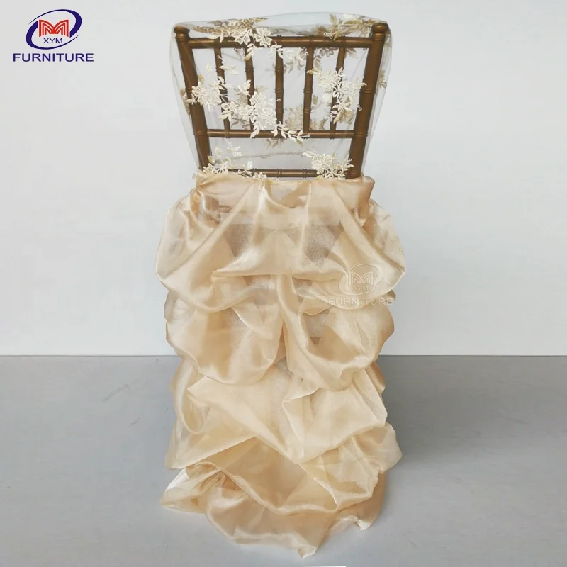 Customized fancy lace ruffled chiavari chair cover ruffled chiffon sash for wedding