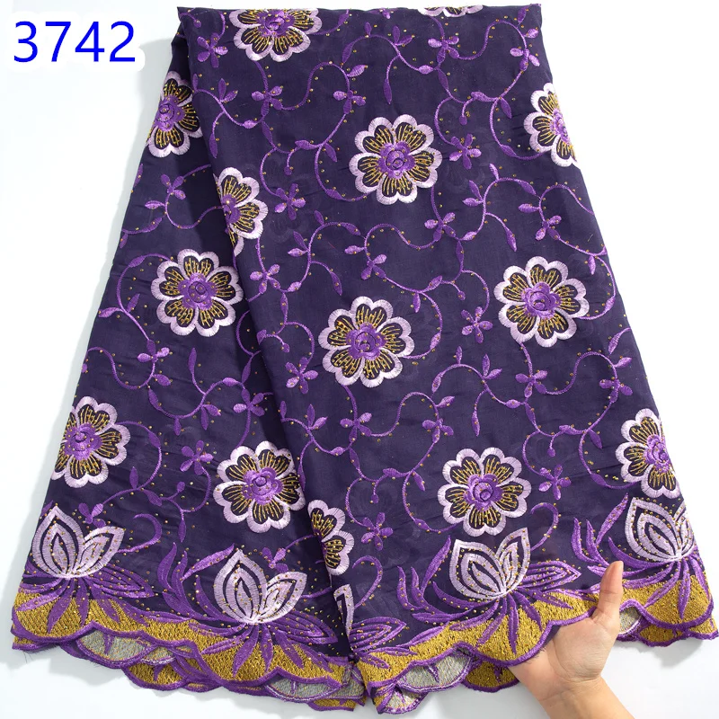 white Nigerian Cotton Lace Fabric High Quality 2024 Swiss Voile With Rhinestones African Crystal Lace  For Women Dresses3742