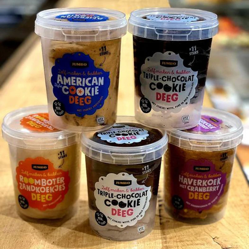 Customized logo brand design PP food grade frozen safe colorful plastic cookie dough container