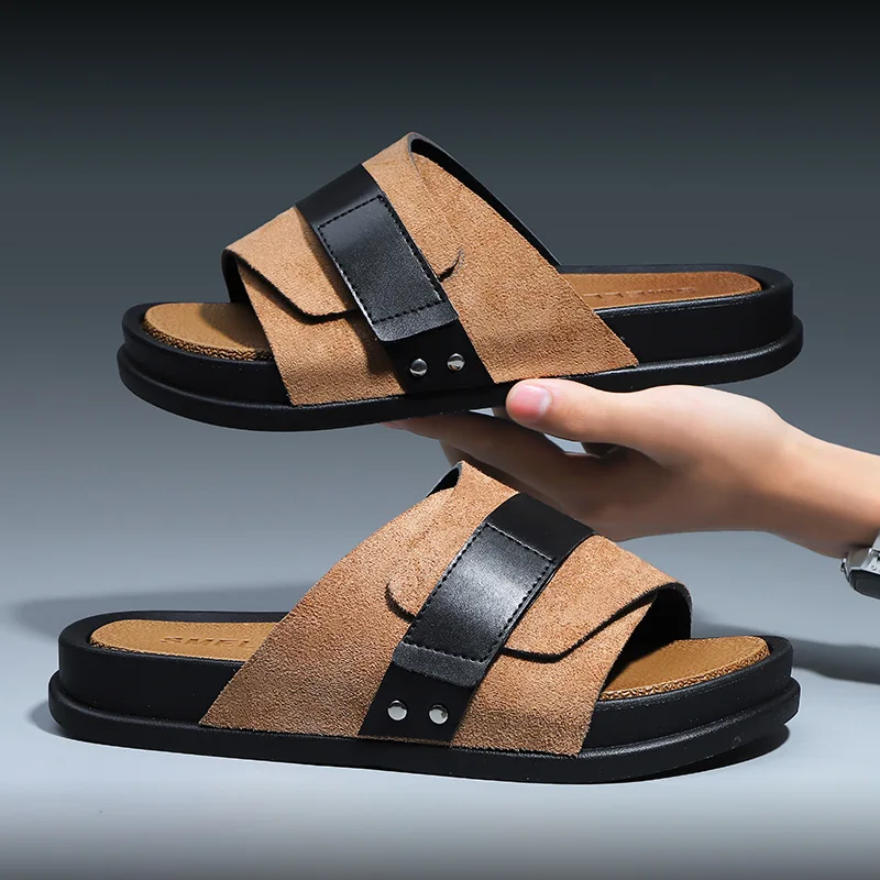 2024 New Design Comfortable flat Lightweight slide slippers Summer Fashion Open Toe beach PU Leather birkenstock sandals for Men