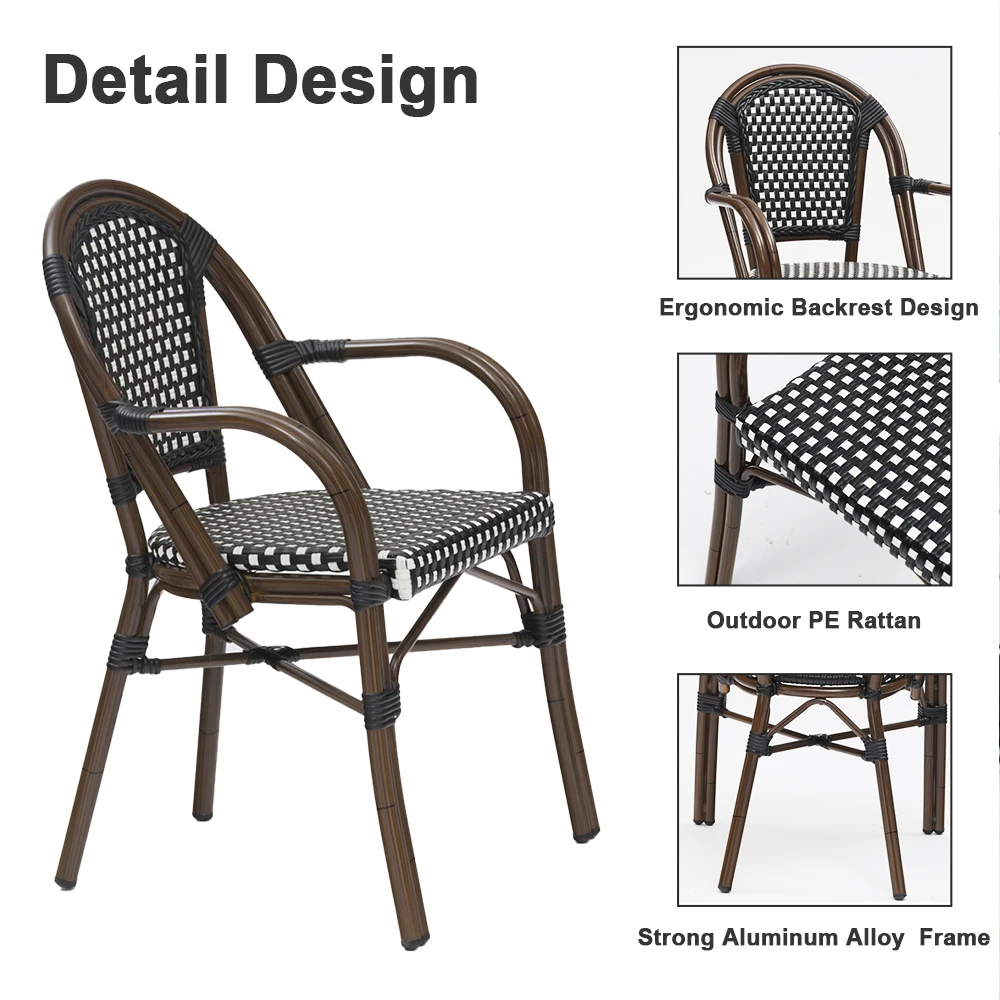 Outdoor Europe French Bistro Comfort Outdoor Furniture Rattan Bamboo Cafe Restaurant Garden Wicker Patio Chairs With Handle