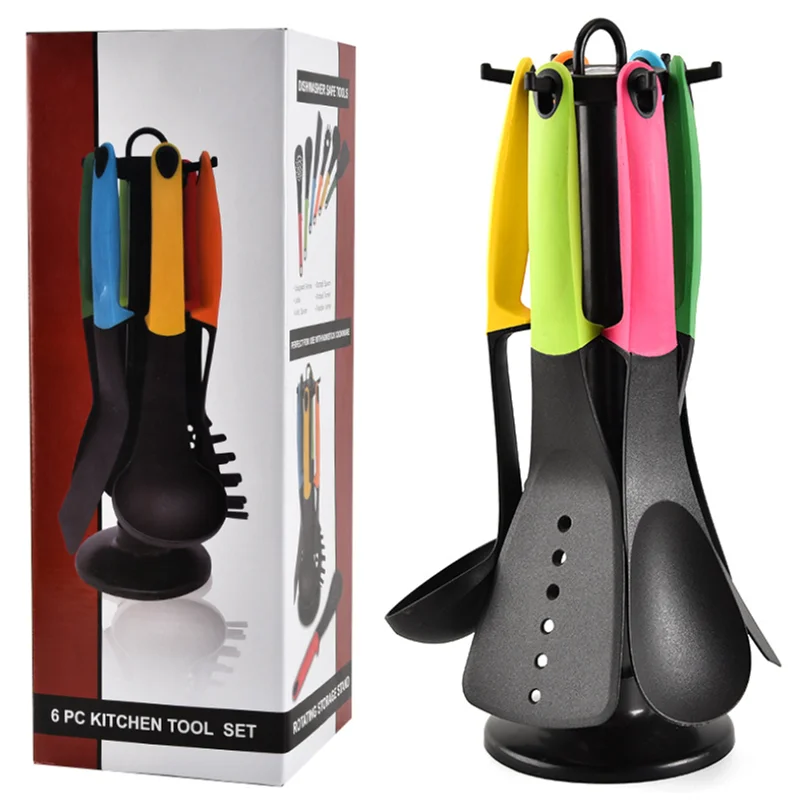6Pcs Nylon Kitchen Utensil Set with Rotating Storage Stand Cooking Utensils for Kitchen
