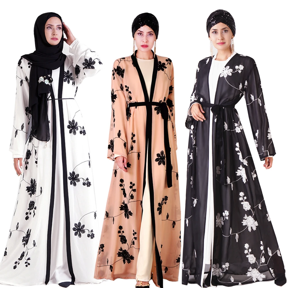 Long Sleeve Turkish Fashion floral embroidery cardigan open front kimono abaya hot new model dubai style islamic muslim dress