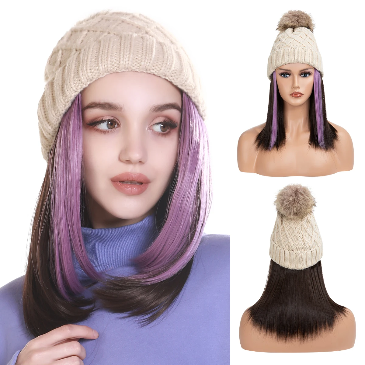 Short Synthetic Fashion Hair Extensions Natural Attached Custom Logo Highlighted 10 inch Beanie Hat With Purple Hair Bob Wig