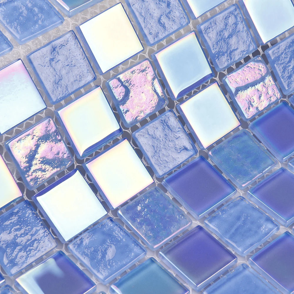 Luxurious iridescent mosaic tiles bathroom shower wall crystal rainbow white blue swimming pool tiles glass mosaic