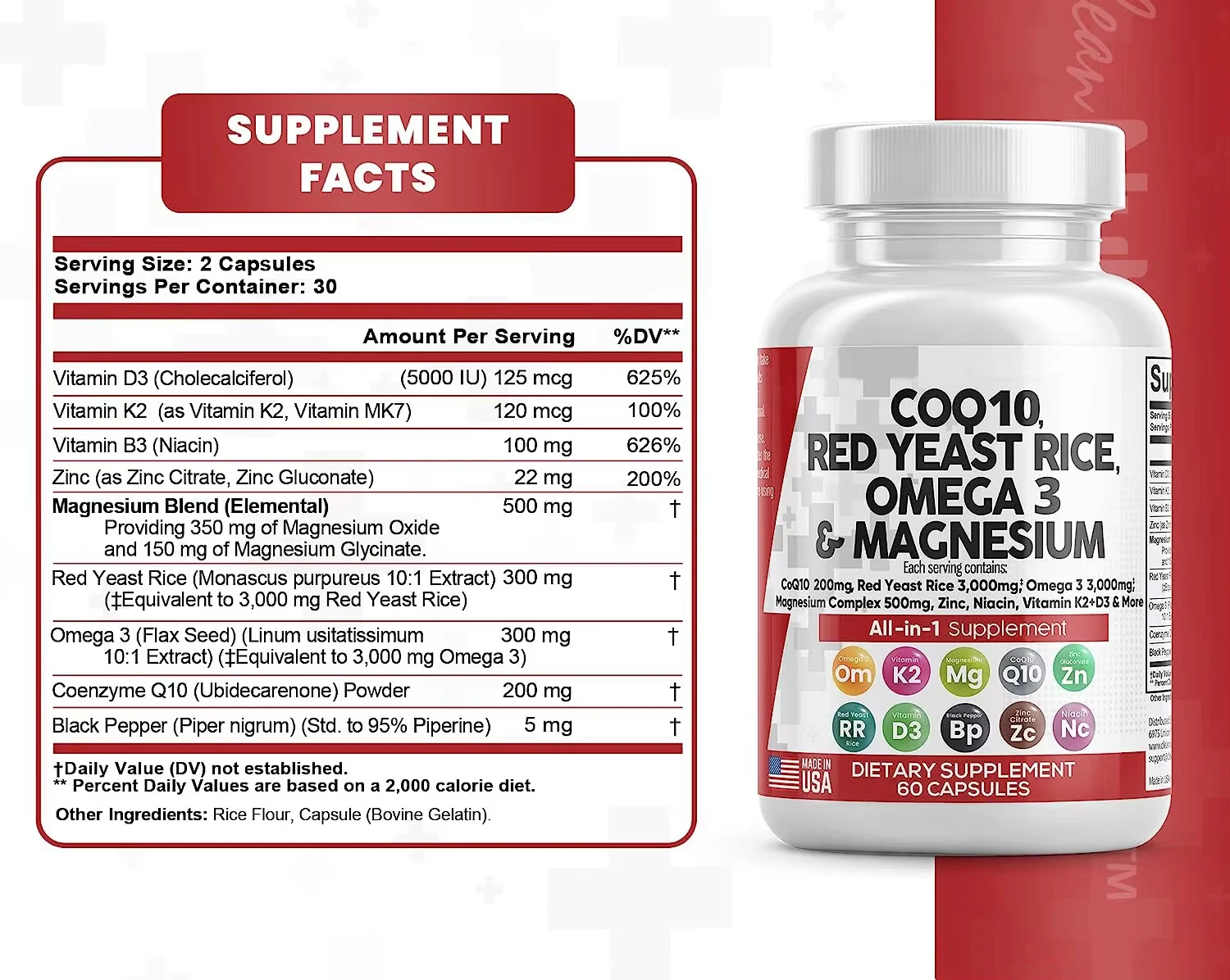 COQ10 Capsules Red Yeast Rice Omega 3 Magnesium Niacin Vitamin K2 D3-Herbal Supplements Adult Heart Health Support Anti-Aging