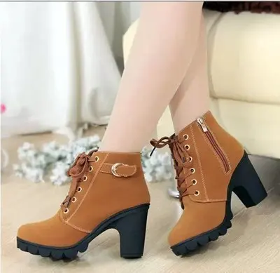 Winter 2020 new women high heel shoes boots cross short  rough heel comfortable boots leather boots spot