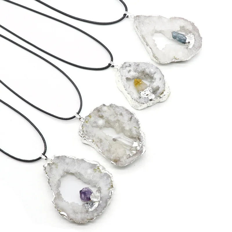 Wholesale natural Agate geode Hollow Stone Slice Pendant Inlaid with Yellow, White and Blue Amethyst point