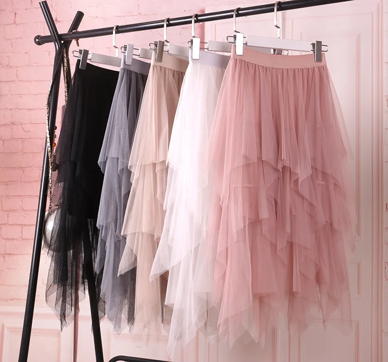 irregular Mesh skirt women spring new multi-layer tutu cake skirt fluffy ruffled long tulle skirt female