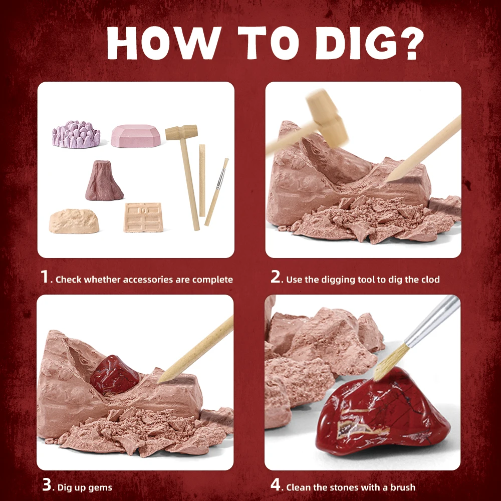 DIY 5 in 1 child gift kid educational eco friendly stone collection earth treasure dig gems excavation kit rock dig toy