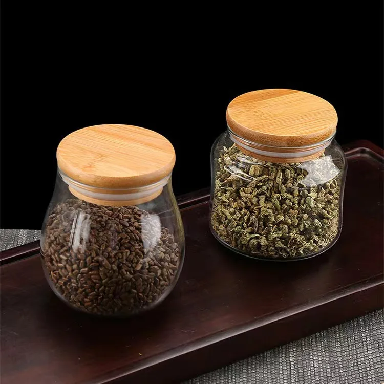 Small Tea Pot Jar Glass Transparent Portable Mini Food Box Sealed Travel Packaging Home Storage Wooden Lid Honey Candy Bottle