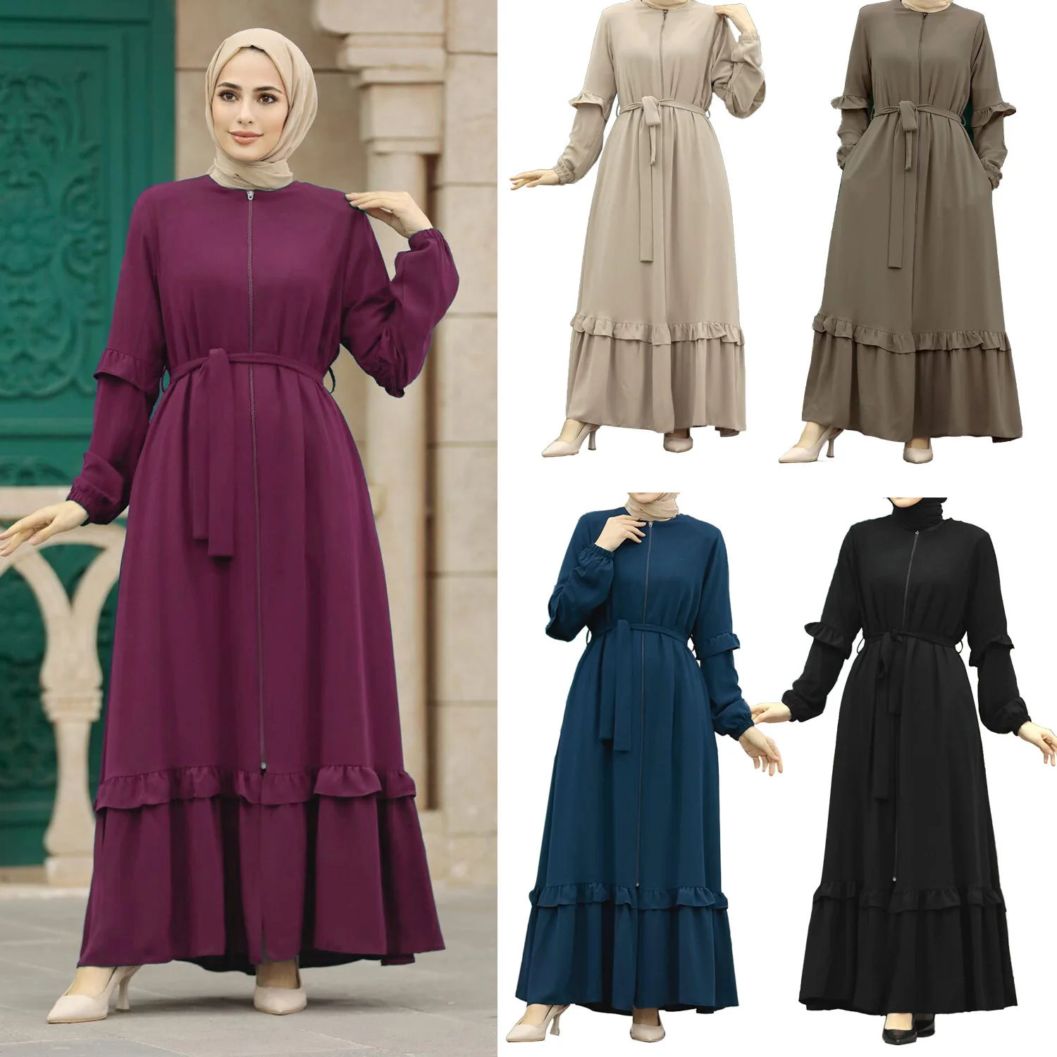 Crew Neck Women Abaya Dubai Muslim Dresses Elegant Turkish Muslim Modest Clothing Ethnic Dresses