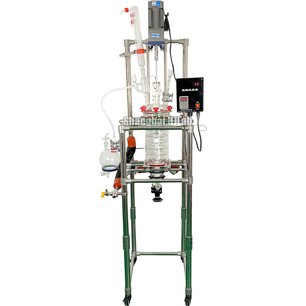 Lab Chemical Synthesis 3L Jacketed Glass Reactor w/Ring Baffles Cooling Coil Condenser Receiving Flask