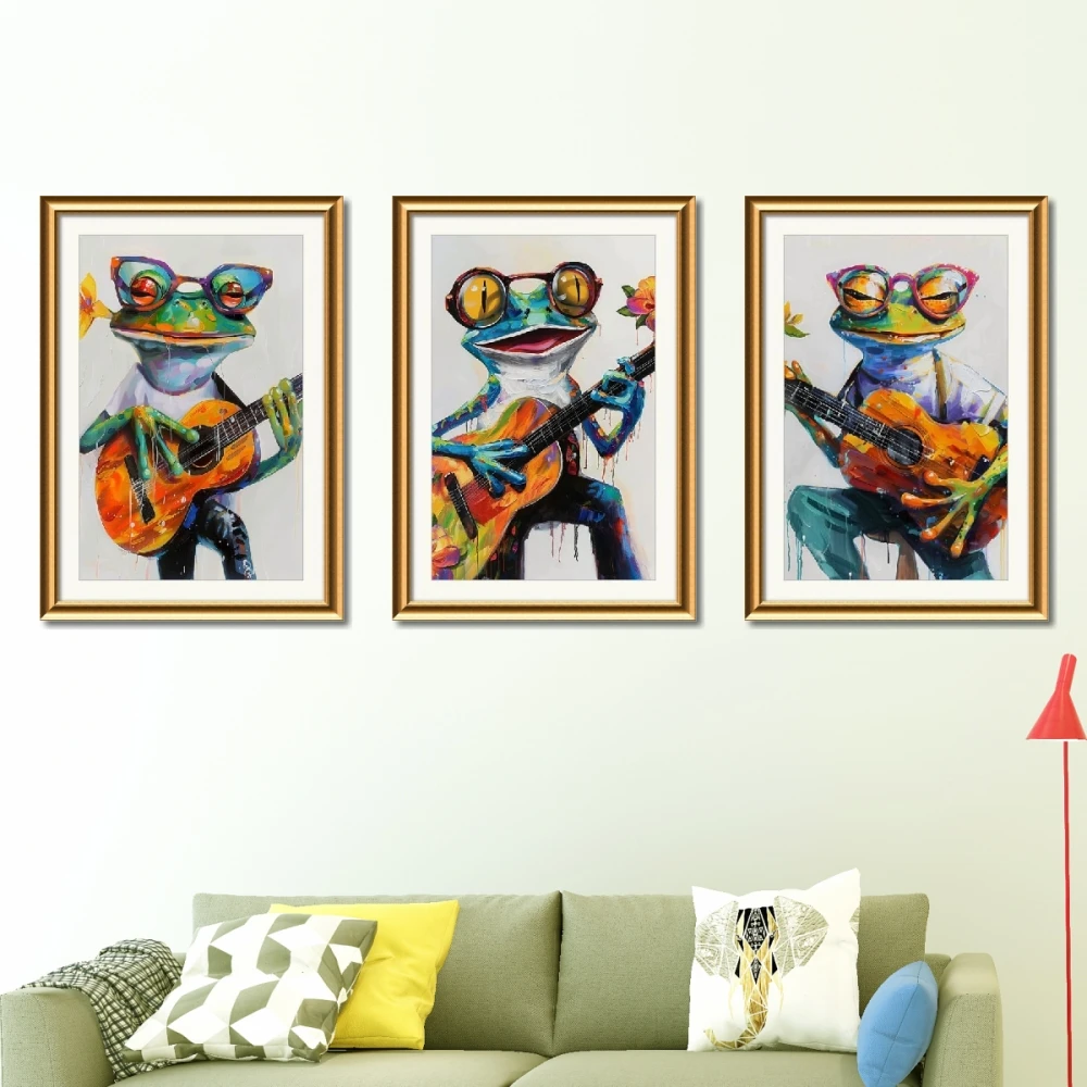 Modern Style Framed Painting Colorful Frog Playing Piano for Home Living Room Bedroom Simple Dining Room Decorative Painting