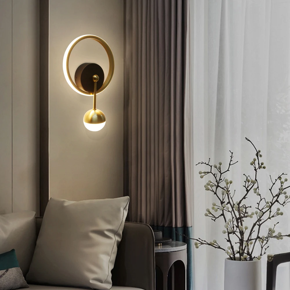 Настенные светильники в скандинавском стиле круглые дизайнерские светодиодные лампы черного и золотого цвета с круглым стеклянным шариком металлическим кольцом