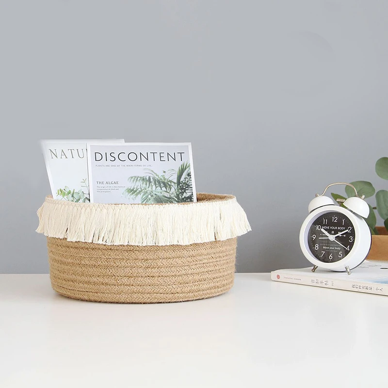 jute woven storage basket finishing tassel decor home storage basket