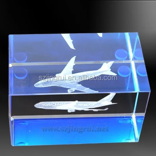 Cheap 3D Laser Engraved Airplane Model Blue Color Crystal Cube Award Gift For Guests Wedding