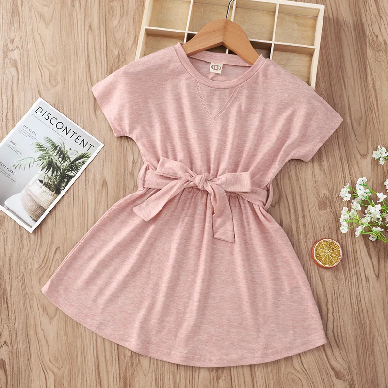 Custom Girls Kids Cotton Dresses Party Princess Designs Frock Short Sleeves Cotton Children Girl Dress With Belt