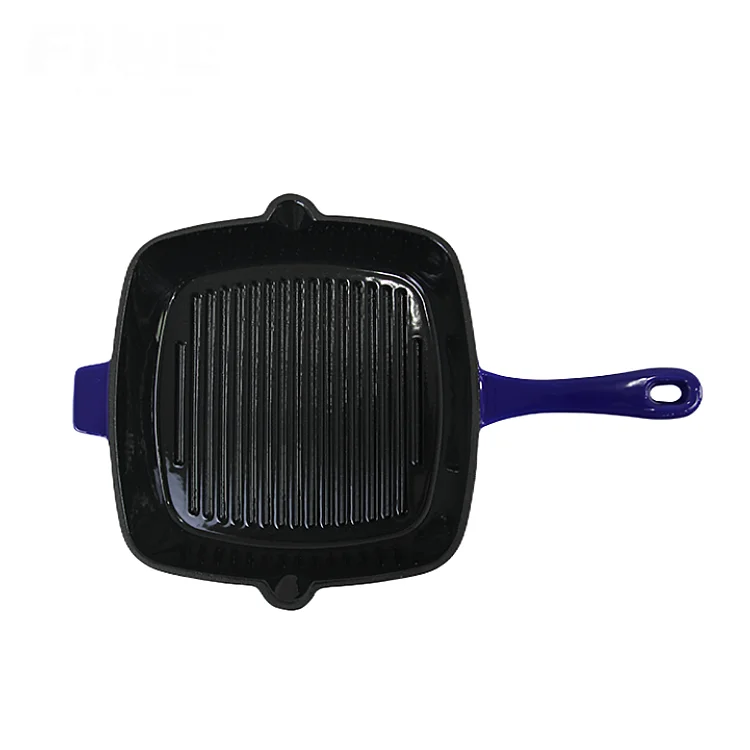 Wholesale Custom Outdoor Camping Square Enamel Cast Iron Bbq Grill Steak Pan With Handle