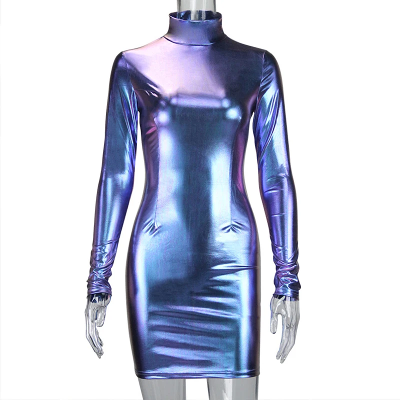 Wholesale Sexy Tight High Neck Dress Laser Flash Long-sleeved Hip Dress Women Fashion Club Bodycon Dress