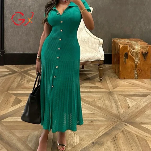 GX1063 Good Quality Summer New Sexy Single Breasted Design Dress Short Sleeve Slim Fit Party Knitted Evening Long Dresses