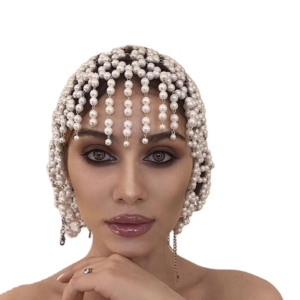 
Handmade Hollowed Pearl Tassel Forehead Headpiece Bridal Head Chain for Women Luxury Pearls Head Hat Headband Accessories 