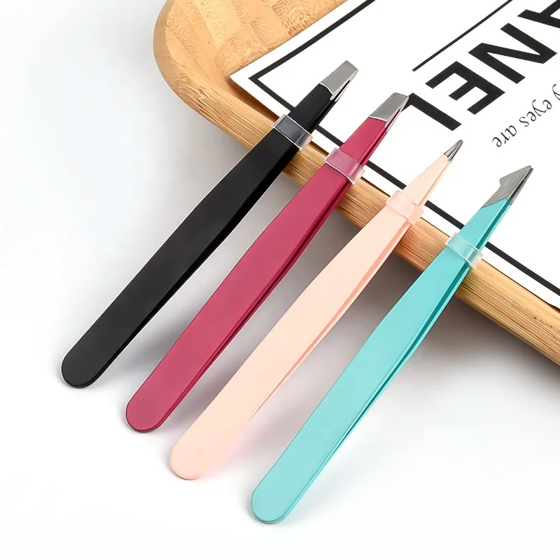 Custom High Quality Stainless Steel Anti Static 4 Colors Slanted Eyebrow Eyelash Tweezers