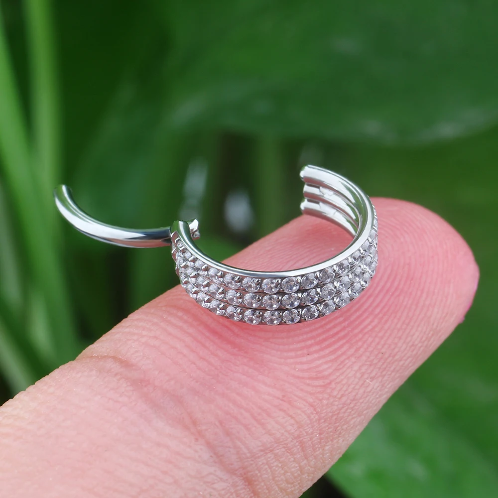 Titanium ASTM F136 Implant Grade Prong Setting Triple Layered CZ Paved Conch Piercing Hinged Segment Hoop Clickers