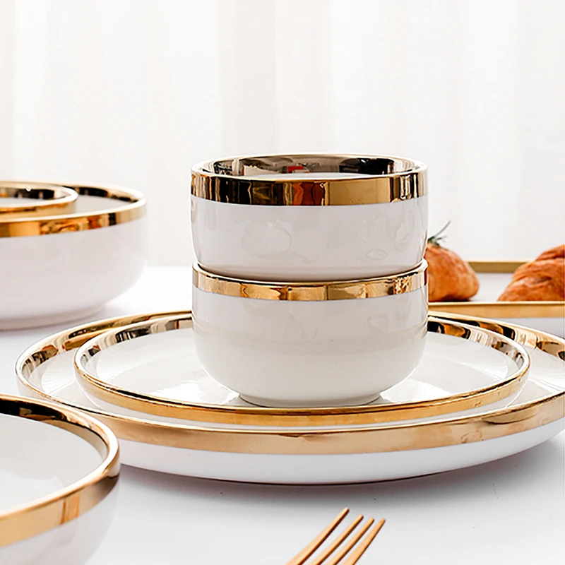 Kitchen Plates Set White Gold RimRoyal Tableware Ceramic Print Porcelain Hotel Table Ware Wedding Fine China Dinnerware Set